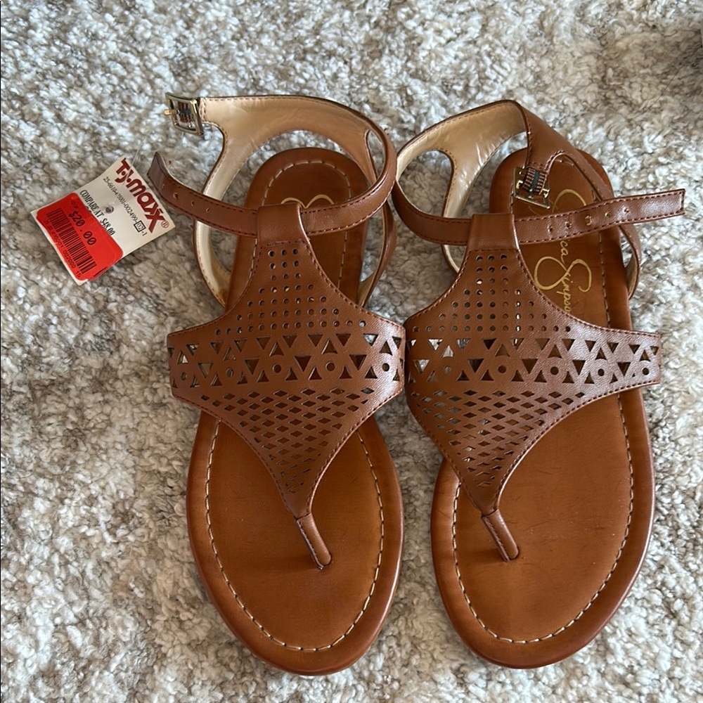 Jessica Simpson Brown Strap Sandals with Perforated Design